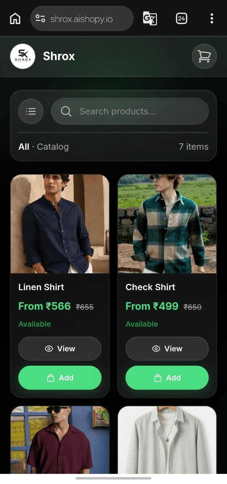 Customer-facing storefront catalog on your aishopy.io link